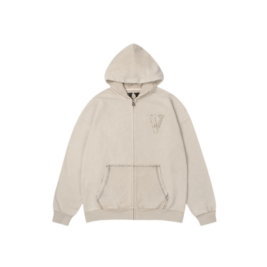 VLONE Embroidered Washed Zip Up Hoodie Beige Front