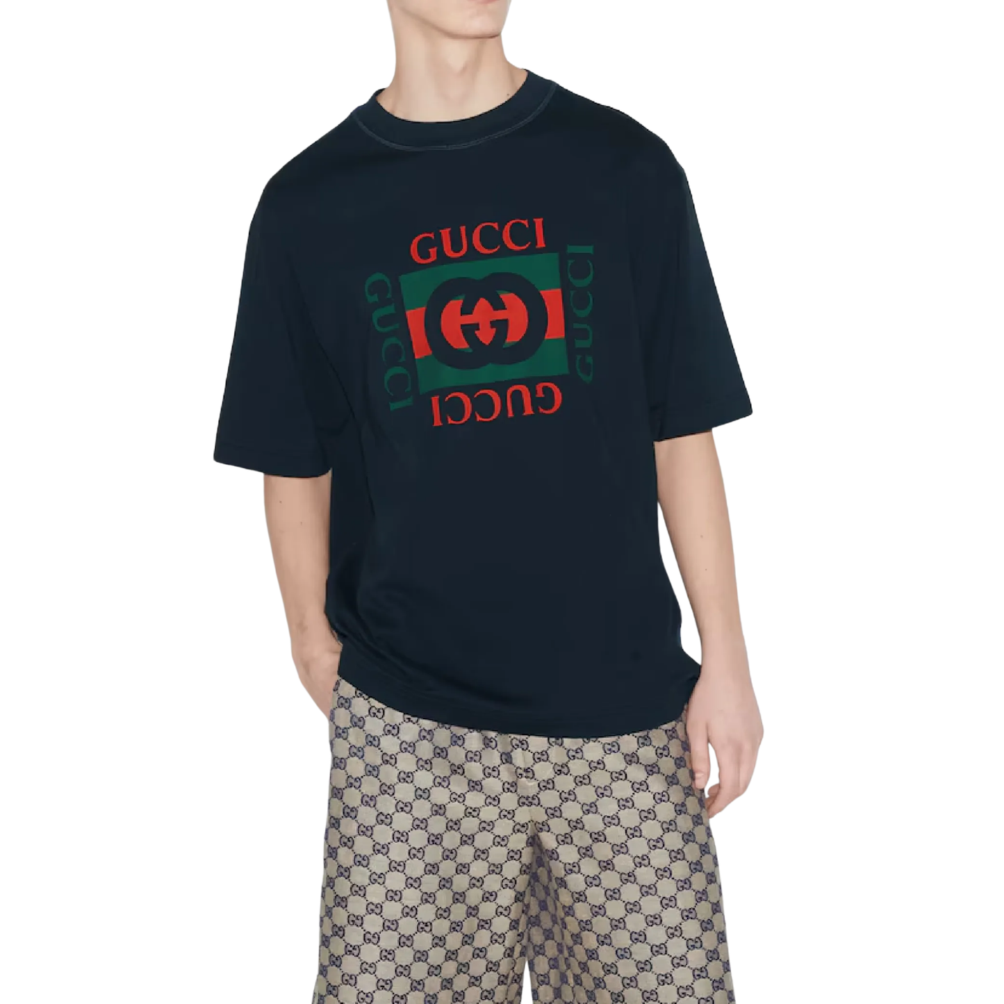Gucci Cotton Jersey T-Shirt with Gucci Print Navy