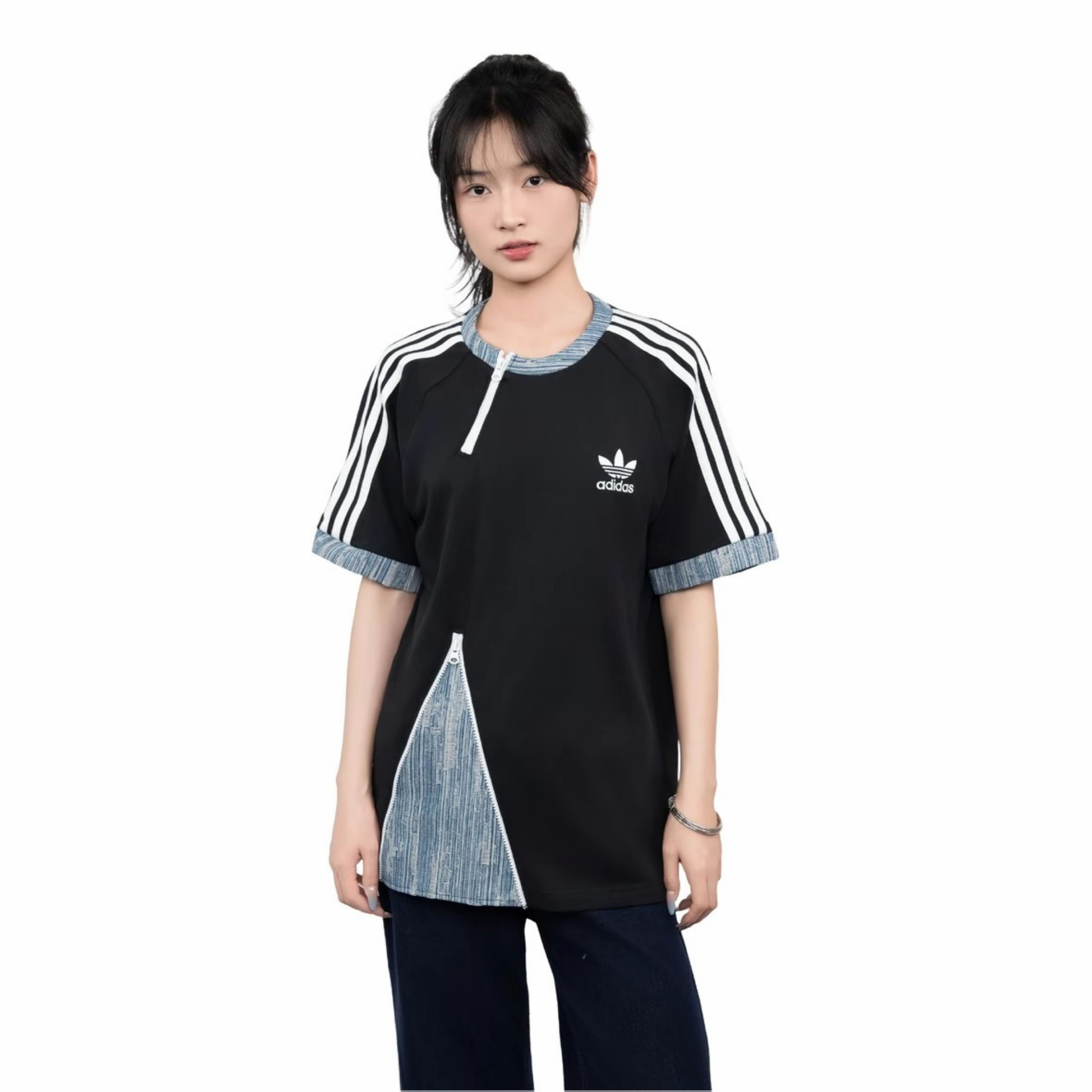 Adidas Adicolor Classics 3-Stripes Tee Black Denim Patchwork KB2459 Model Front