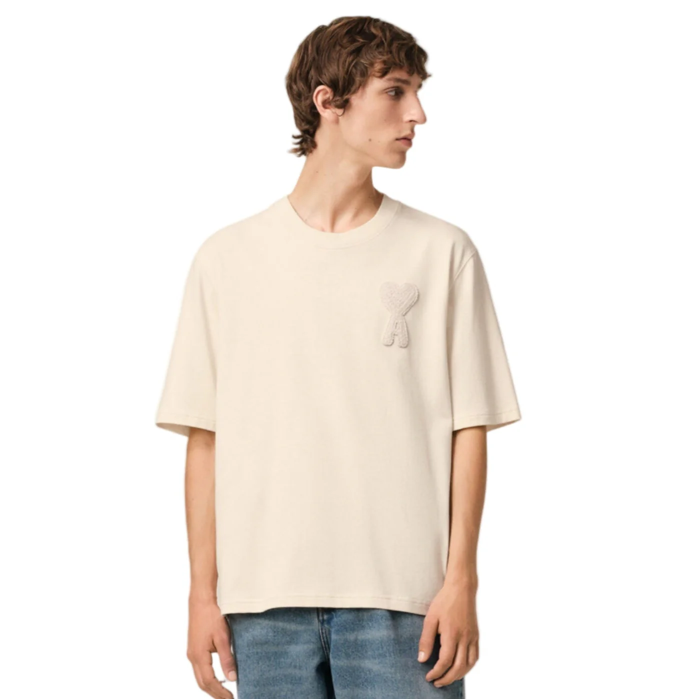 AMI PARIS Ami De Coeur Patch Tee White Cream SS25 Model Front