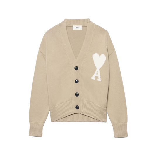 AMI PARIS Logo Intarsia Alpaca Blend Cardigan Beige White SS22 Front