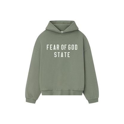 Fear of God Essentials 90s Fit Fleece Hoodie Moss FW25 Front