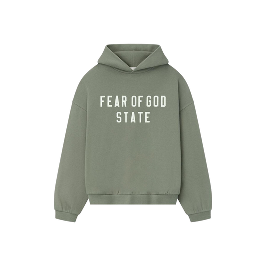 Fear of God Essentials 90s Fit Fleece Hoodie Moss FW25 Front
