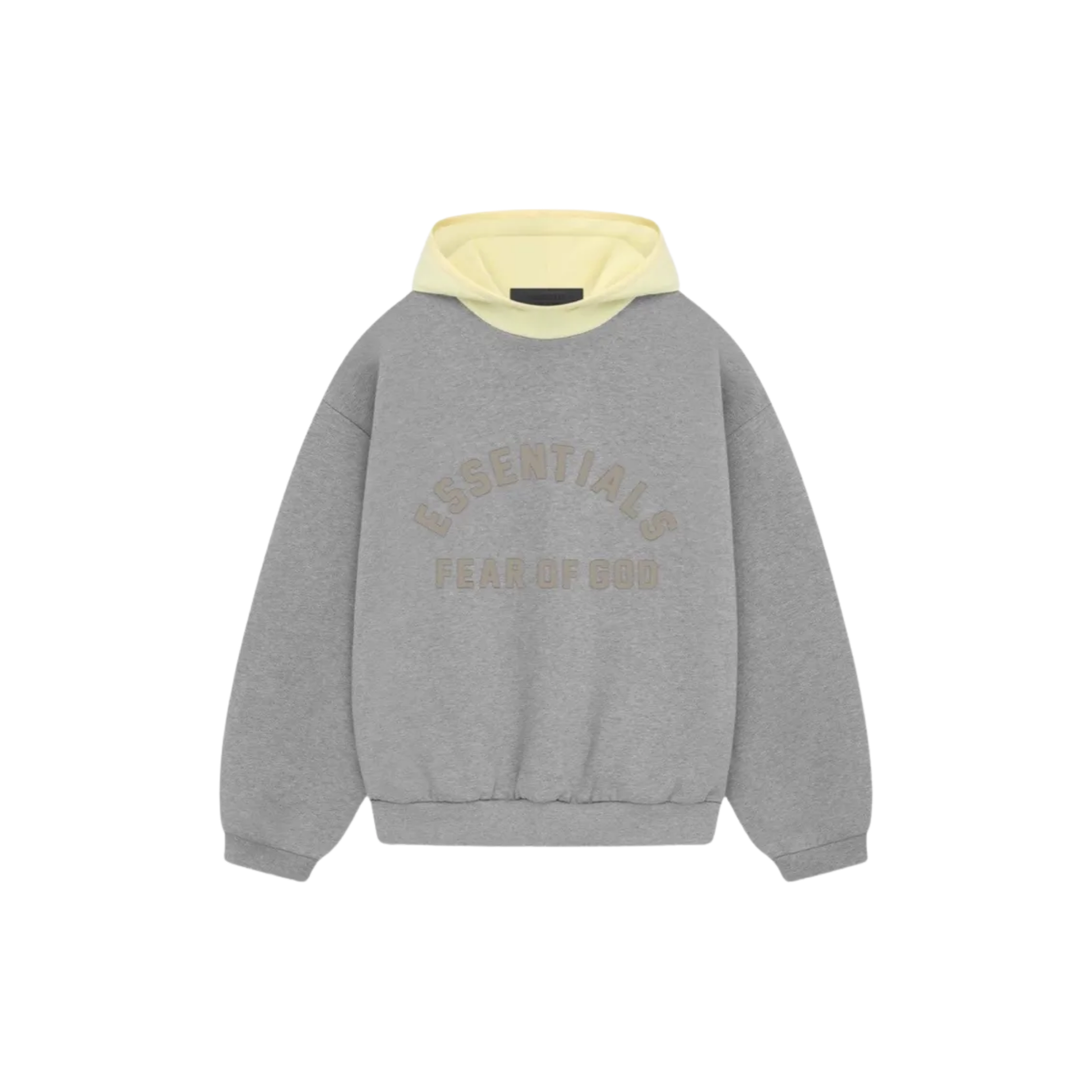 Fear of God Essentials Nylon Fleece Hoodie Dark Heather Oatmeal Garden Yellow SS24 Front