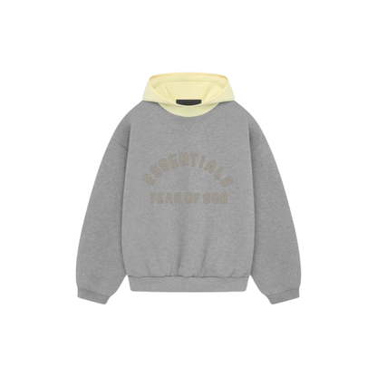 Fear of God Essentials Nylon Fleece Hoodie Dark Heather Oatmeal Garden Yellow SS24 Front