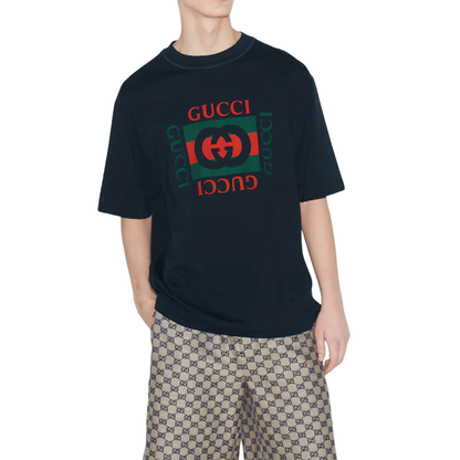 Gucci Cotton Jersey T-Shirt with Gucci Print Navy Model Front