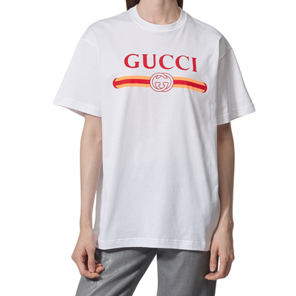 Gucci Logo Print Cotton T-Shirt White Model Front