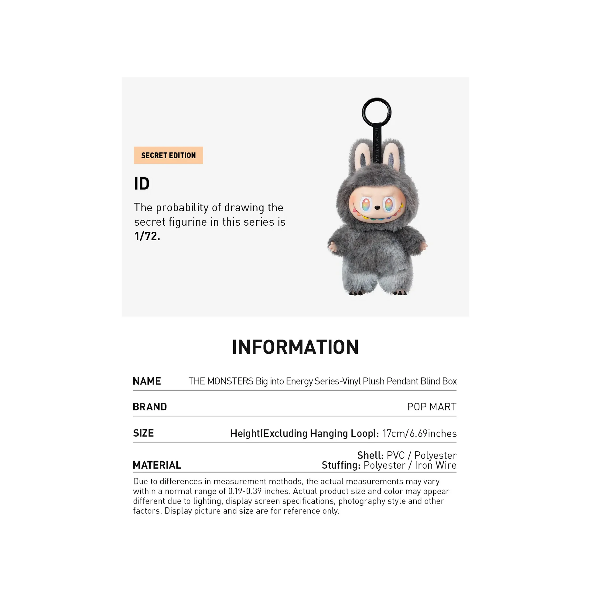 POP MART LABUBU THE MONSTERS - Big Into Energy Series Vinyl Plush Pendant Keychain (Version 3) Information