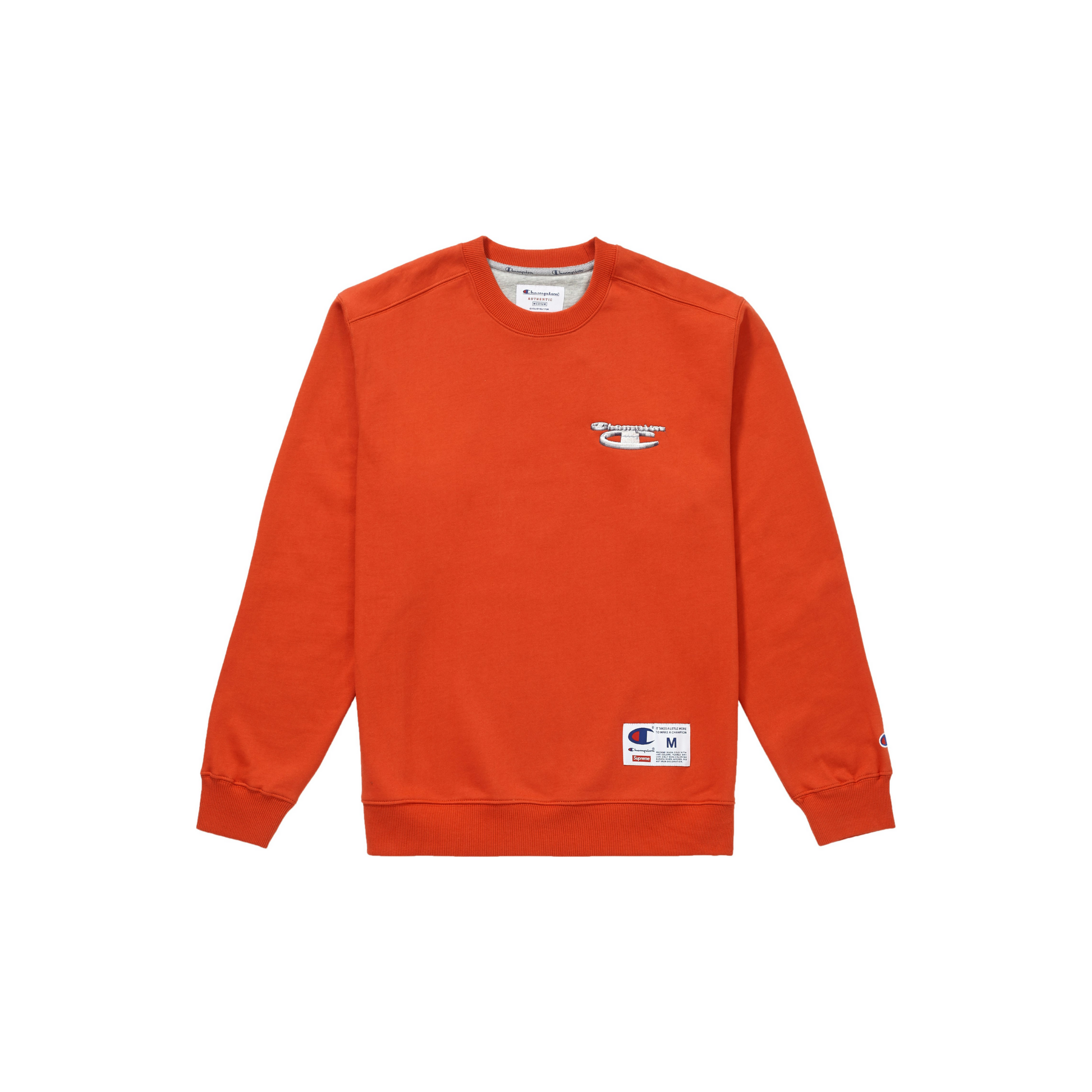 Supreme X Champion 3D Metallic Crewneck Orange Front