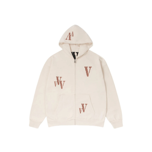 VLONE Embroidered Logo Zip Up Hoodie Beige Front