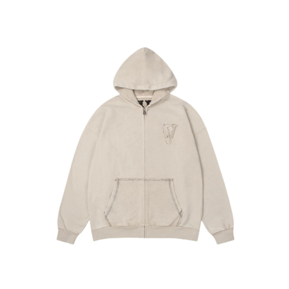 VLONE Embroidered Washed Zip Up Hoodie Beige Front